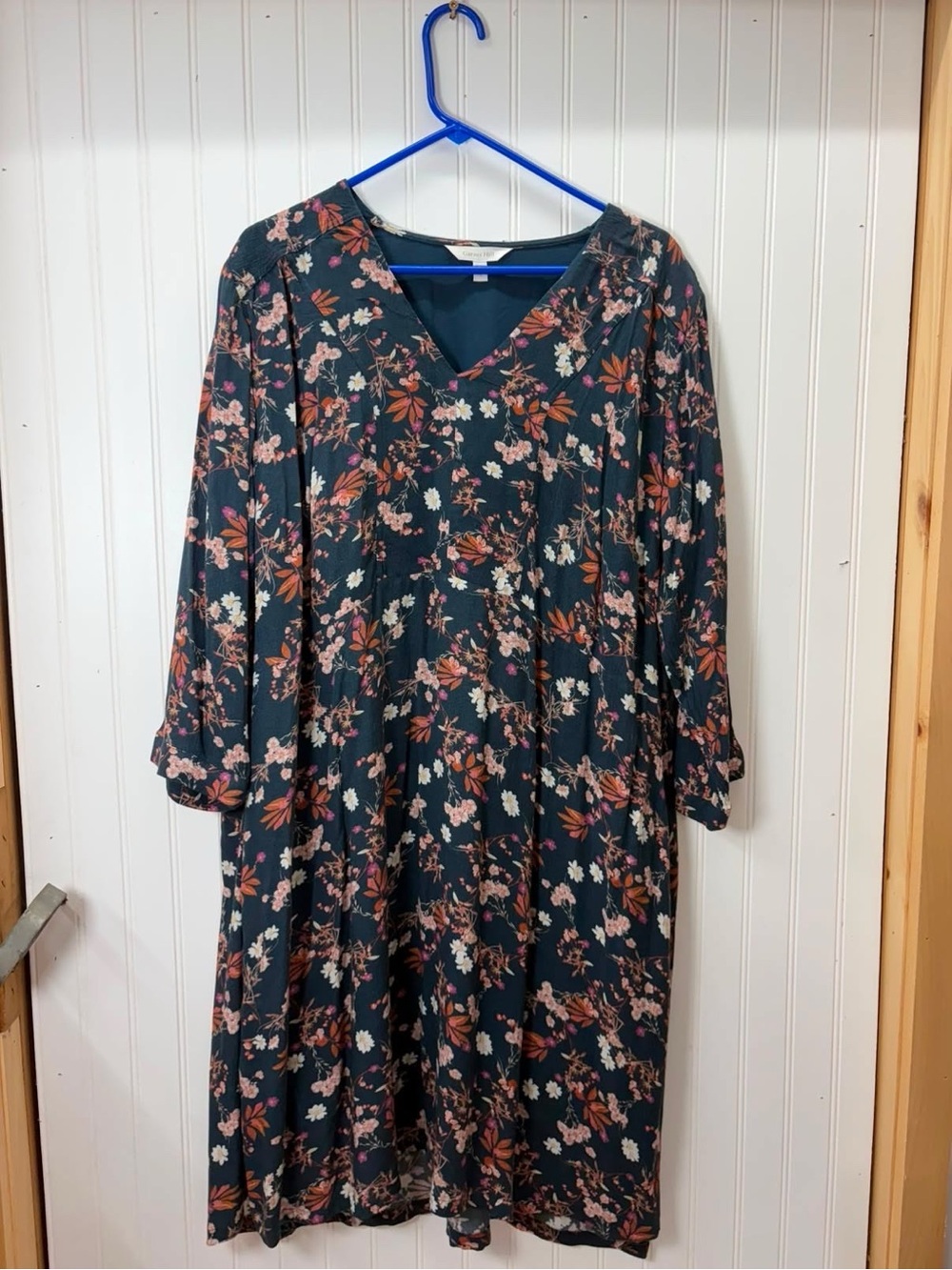 Garnet Hill Dark Teal Floral V-Neck long sleeve  Midi shift Dress size xl